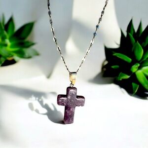 Amethyst Cross Pendant on Stainless Steel Chain